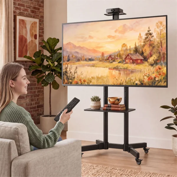 Mobiele TV standaard Op Wielen Voor 32 75 Inch, Kantelbare TV rolwagen, In Hoogte Verstelbaar, Met Vergrendelbare Wielen, Zwart
