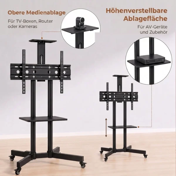Mobiele TV standaard Op Wielen Voor 32 75 Inch, Kantelbare TV rolwagen, In Hoogte Verstelbaar, Met Vergrendelbare Wielen, Zwart