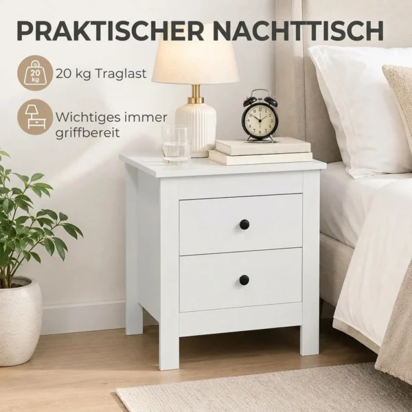 Modern Nachtkastje Met 2 Lades, Bijzettafel Met Voetkussentjes Voor De Slaapkamer, Wit