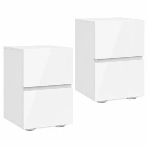 Modern Set Van 2 Nachtkastjes, Smalle Bijzettafels Met 2 Lades En Hoogglans Fronten, Wit