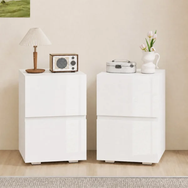 Modern Set Van 2 Nachtkastjes, Smalle Bijzettafels Met 2 Lades En Hoogglans Fronten, Wit