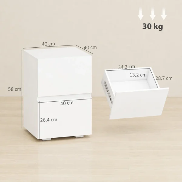 Modern Set Van 2 Nachtkastjes, Smalle Bijzettafels Met 2 Lades En Hoogglans Fronten, Wit