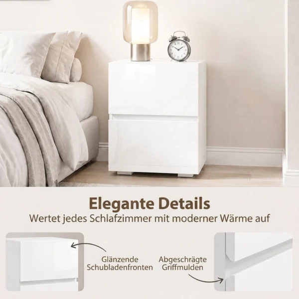 Modern Set Van 2 Nachtkastjes, Smalle Bijzettafels Met 2 Lades En Hoogglans Fronten, Wit