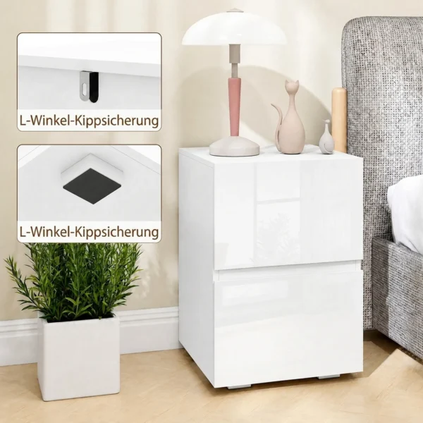 Modern Set Van 2 Nachtkastjes, Smalle Bijzettafels Met 2 Lades En Hoogglans Fronten, Wit