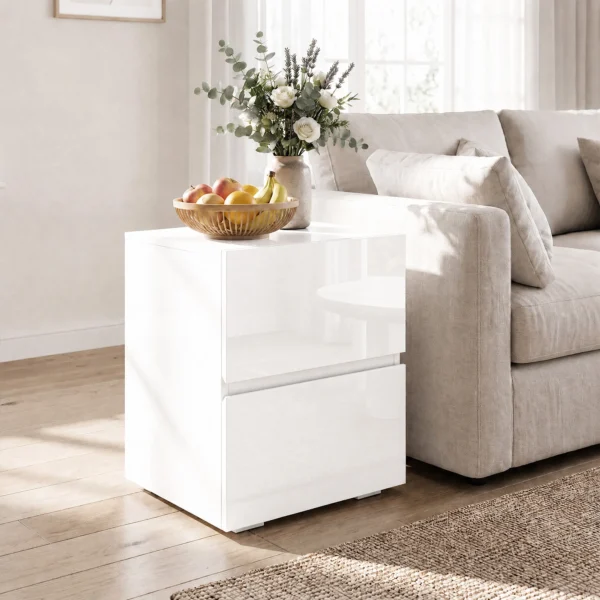 Modern Set Van 2 Nachtkastjes, Smalle Bijzettafels Met 2 Lades En Hoogglans Fronten, Wit