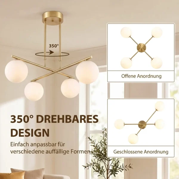 Moderne Hanglamp Met 4 Bolvormige Kappen, In Hoogte Verstelbaar En 350° Draaibaar, Wit
