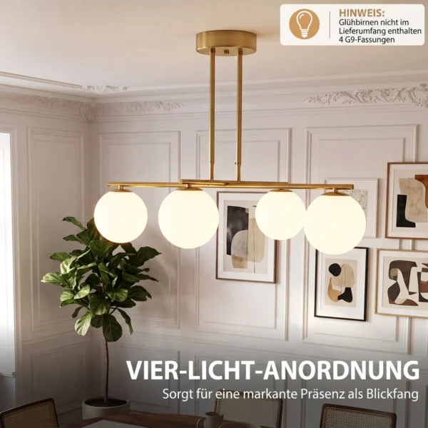 Moderne Hanglamp Met 4 Bolvormige Kappen, In Hoogte Verstelbaar En 350° Draaibaar, Wit