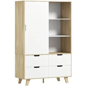 Moderne Kledingkast Met Schuifdeuren, Kledingstang, Verstelbare Planken En 4 Lades, Eiken/Wit