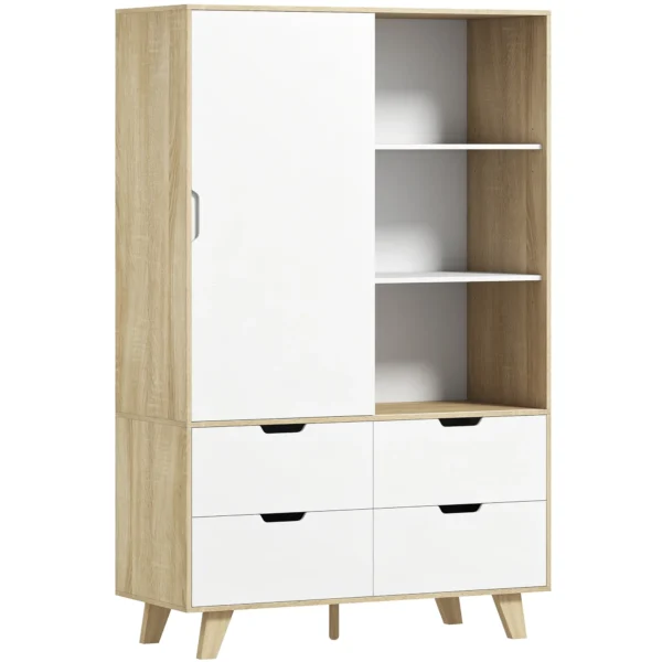 Moderne Kledingkast Met Schuifdeuren, Kledingstang, Verstelbare Planken En 4 Lades, Eiken/Wit