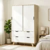 Moderne Kledingkast Met Schuifdeuren, Kledingstang, Verstelbare Planken En 4 Lades, Eiken/Wit