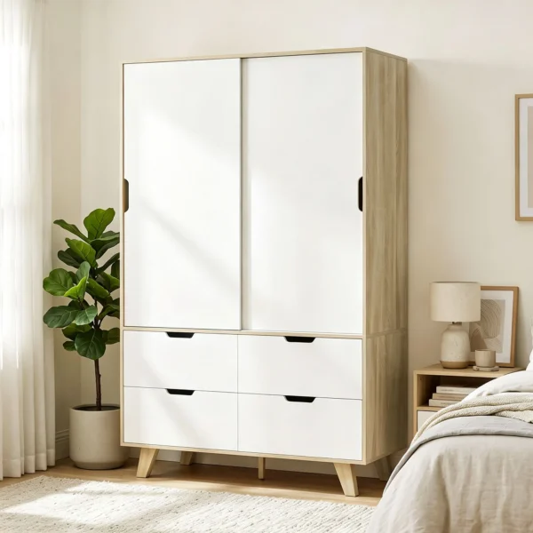 Moderne Kledingkast Met Schuifdeuren, Kledingstang, Verstelbare Planken En 4 Lades, Eiken/Wit