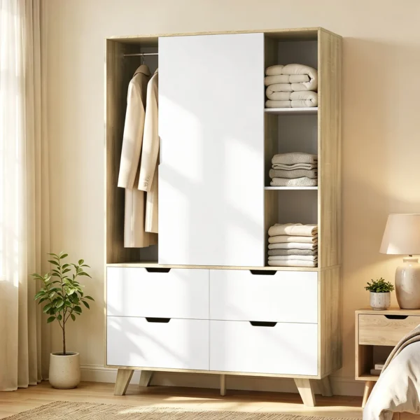 Moderne Kledingkast Met Schuifdeuren, Kledingstang, Verstelbare Planken En 4 Lades, Eiken/Wit