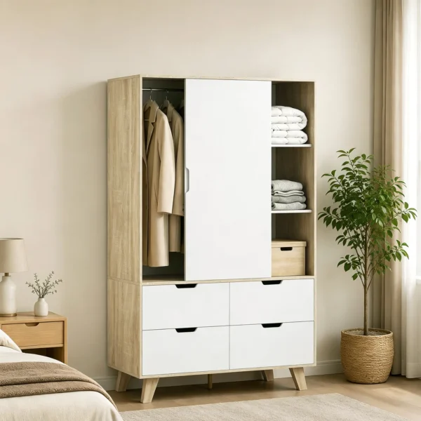 Moderne Kledingkast Met Schuifdeuren, Kledingstang, Verstelbare Planken En 4 Lades, Eiken/Wit
