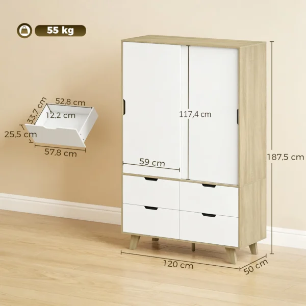 Moderne Kledingkast Met Schuifdeuren, Kledingstang, Verstelbare Planken En 4 Lades, Eiken/Wit