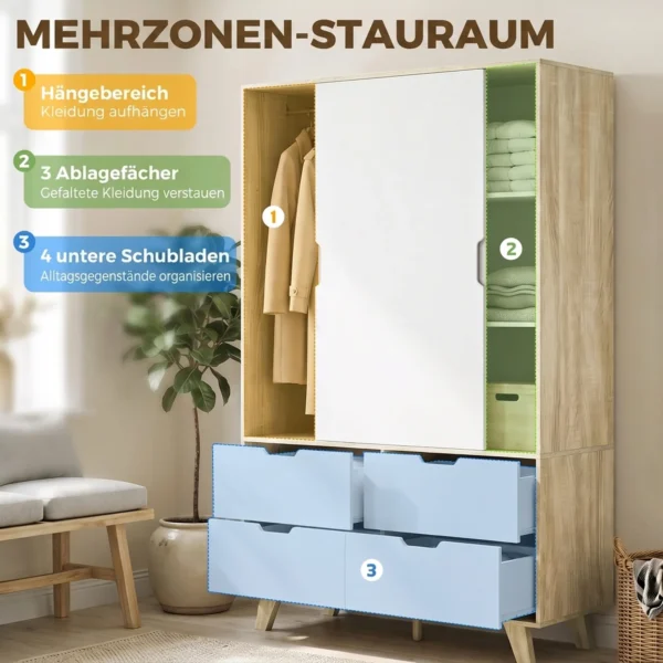 Moderne Kledingkast Met Schuifdeuren, Kledingstang, Verstelbare Planken En 4 Lades, Eiken/Wit