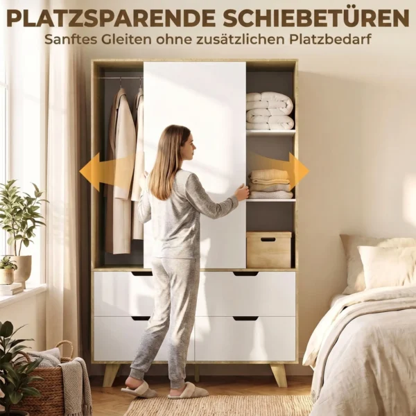 Moderne Kledingkast Met Schuifdeuren, Kledingstang, Verstelbare Planken En 4 Lades, Eiken/Wit