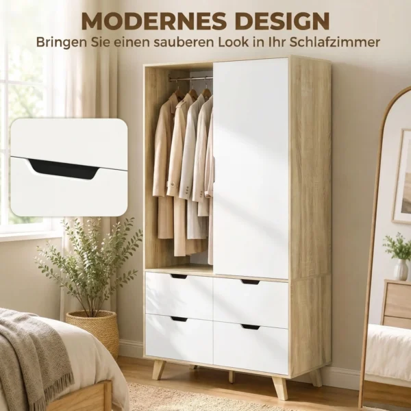 Moderne Kledingkast Met Schuifdeuren, Kledingstang, Verstelbare Planken En 4 Lades, Eiken/Wit