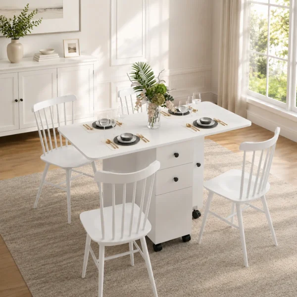 Opklapbare Eettafel, Rolbare Keukentafel Met Laden En Kast, Wit