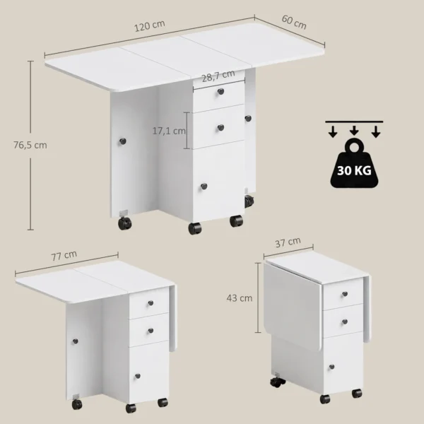 Opklapbare Eettafel, Rolbare Keukentafel Met Laden En Kast, Wit
