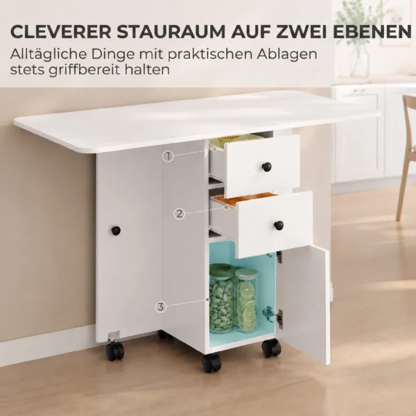Opklapbare Eettafel, Rolbare Keukentafel Met Laden En Kast, Wit