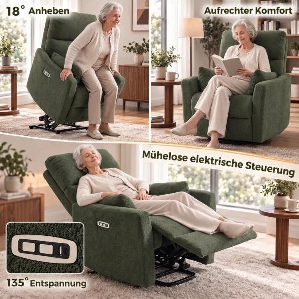 Opsta stoel Met Massage En Verwarming, Elektrische Relaxstoel Gemaakt Van Teddyfleece Voor Senioren, Donkergroen