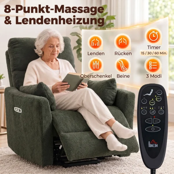 Opsta stoel Met Massage En Verwarming, Elektrische Relaxstoel Gemaakt Van Teddyfleece Voor Senioren, Donkergroen