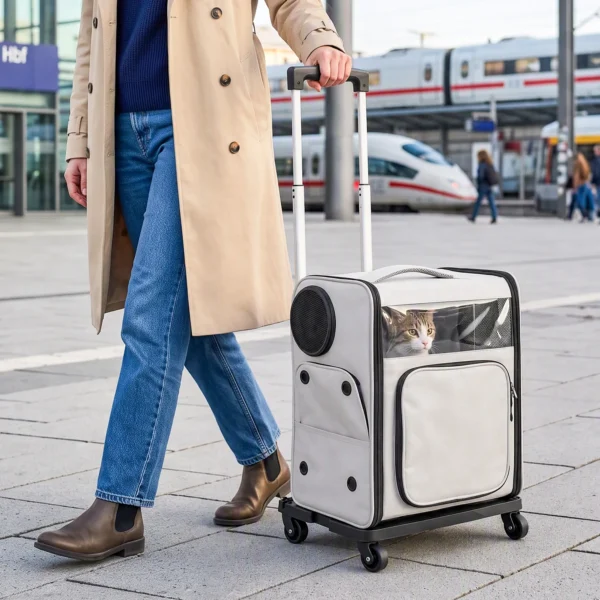 Opvouwbare Transporttas Met Wielen Voor Huisdieren, Geschikt Voor Honden En Katten Tot 5 Kg, Ademende Trolley Grijs