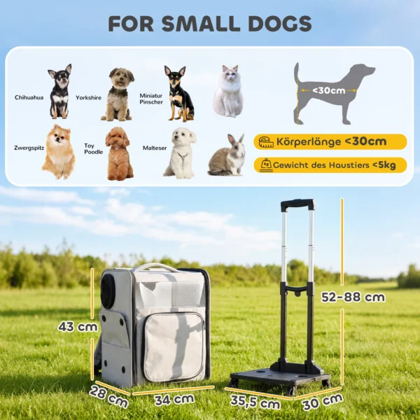 Opvouwbare Transporttas Met Wielen Voor Huisdieren, Geschikt Voor Honden En Katten Tot 5 Kg, Ademende Trolley Grijs