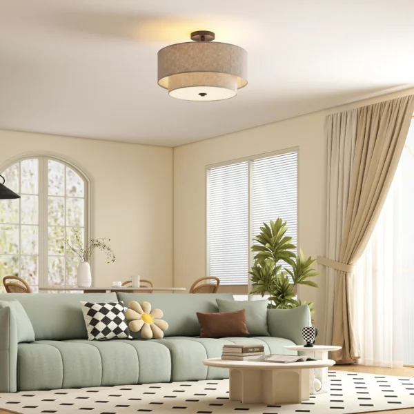 Plafondlamp, Hanglamp Met Dubbele Schermen In Linnenlook, Taupe