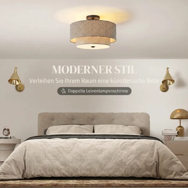 Plafondlamp, Hanglamp Met Dubbele Schermen In Linnenlook, Taupe