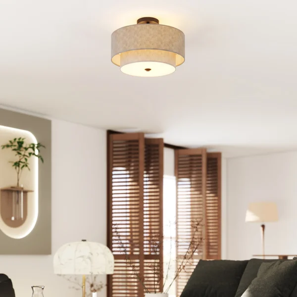 Plafondlamp, Hanglamp Met Dubbele Schermen In Linnenlook, Taupe
