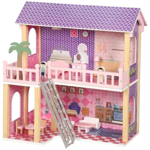 Poppenhuis 69 Cm Hoog 2 verdiepingen Met 2 Poppen 11 Meubels Ladder Balkon Groot Voor Meisjes Van 3 6 Jaar Roze