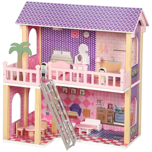 Poppenhuis 69 Cm Hoog 2 verdiepingen Met 2 Poppen 11 Meubels Ladder Balkon Groot Voor Meisjes Van 3 6 Jaar Roze