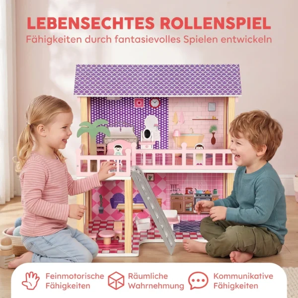 Poppenhuis 69 Cm Hoog 2 verdiepingen Met 2 Poppen 11 Meubels Ladder Balkon Groot Voor Meisjes Van 3 6 Jaar Roze