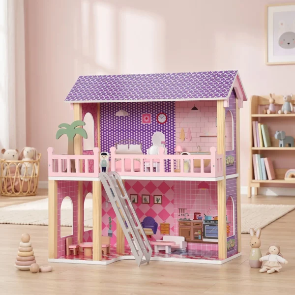 Poppenhuis 69 Cm Hoog 2 verdiepingen Met 2 Poppen 11 Meubels Ladder Balkon Groot Voor Meisjes Van 3 6 Jaar Roze