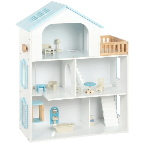 Poppenhuis 79,5 Cm Hoog 3 verdiepingen Met Lift 13 Meubels Balkon Groot Cadeau Voor Meisjes Van 3 6 Jaar Blauw