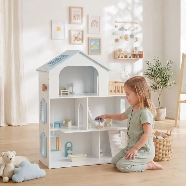 Poppenhuis 79,5 Cm Hoog 3 verdiepingen Met Lift 13 Meubels Balkon Groot Cadeau Voor Meisjes Van 3 6 Jaar Blauw
