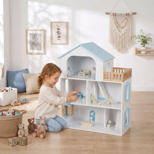 Poppenhuis 79,5 Cm Hoog 3 verdiepingen Met Lift 13 Meubels Balkon Groot Cadeau Voor Meisjes Van 3 6 Jaar Blauw