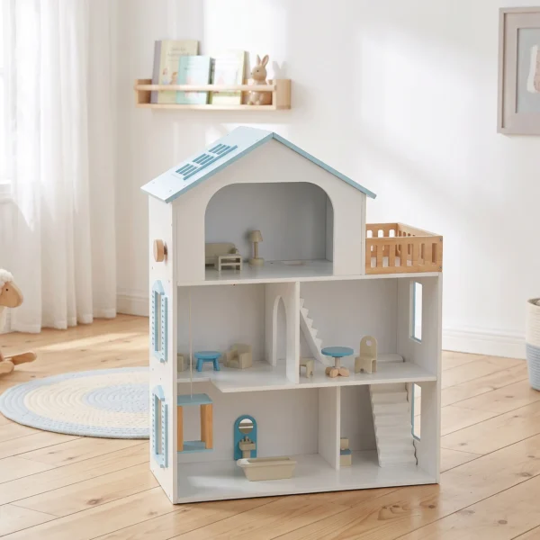 Poppenhuis 79,5 Cm Hoog 3 verdiepingen Met Lift 13 Meubels Balkon Groot Cadeau Voor Meisjes Van 3 6 Jaar Blauw