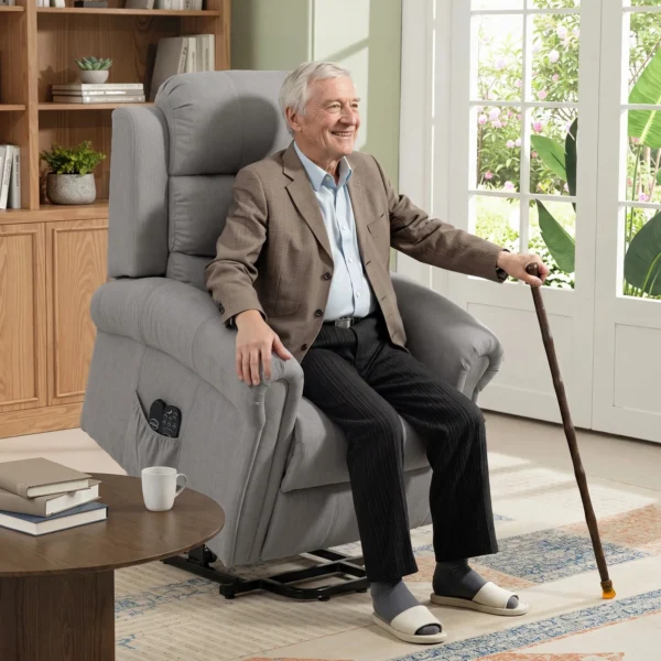 Power Lift Relaxstoel Met Vibratiemassage En Verwarmingsfunctie, Opsta stoel Met USB aansluiting, Zijzakken En Afstandsbedieningen, Lichtgrijs