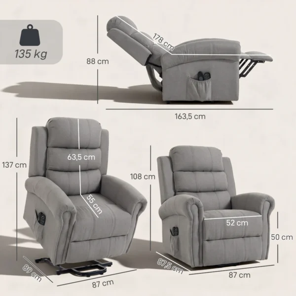 Power Lift Relaxstoel Met Vibratiemassage En Verwarmingsfunctie, Opsta stoel Met USB aansluiting, Zijzakken En Afstandsbedieningen, Lichtgrijs