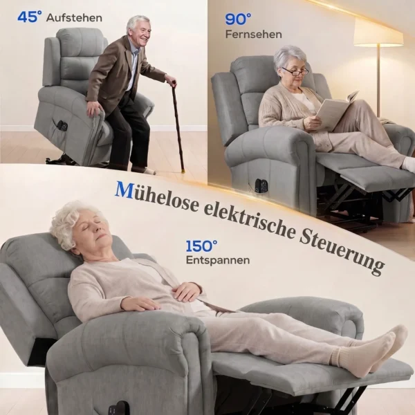 Power Lift Relaxstoel Met Vibratiemassage En Verwarmingsfunctie, Opsta stoel Met USB aansluiting, Zijzakken En Afstandsbedieningen, Lichtgrijs