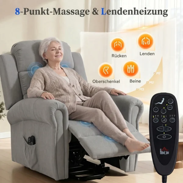 Power Lift Relaxstoel Met Vibratiemassage En Verwarmingsfunctie, Opsta stoel Met USB aansluiting, Zijzakken En Afstandsbedieningen, Lichtgrijs