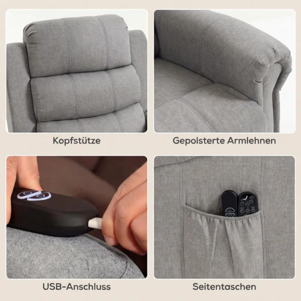 Power Lift Relaxstoel Met Vibratiemassage En Verwarmingsfunctie, Opsta stoel Met USB aansluiting, Zijzakken En Afstandsbedieningen, Lichtgrijs