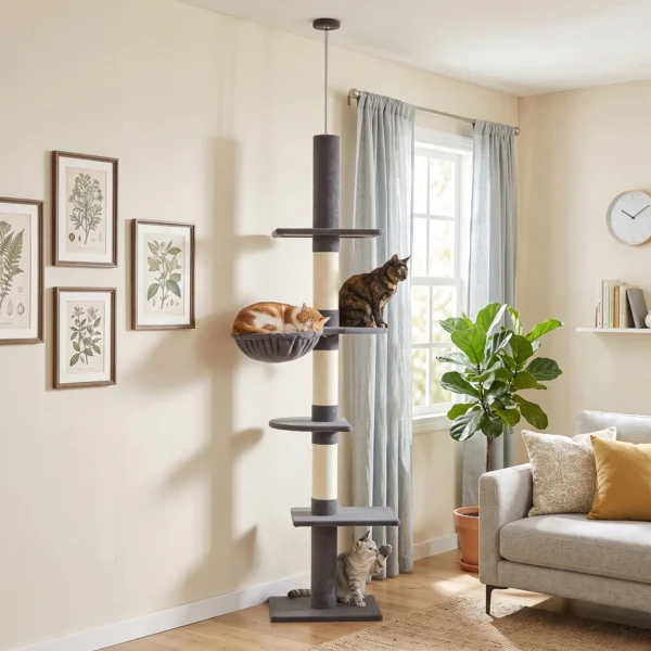 Ratzbaum Plafondhoog 225 255 Cm In Hoogte Verstelbare Kattenboom Met 5 Verdiepingen, 3 Sisal krabstammen, Hangmat, Platformen