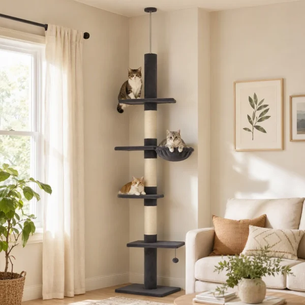 Ratzbaum Plafondhoog 225 255 Cm In Hoogte Verstelbare Kattenboom Met 5 Verdiepingen, 3 Sisal krabstammen, Hangmat, Platformen