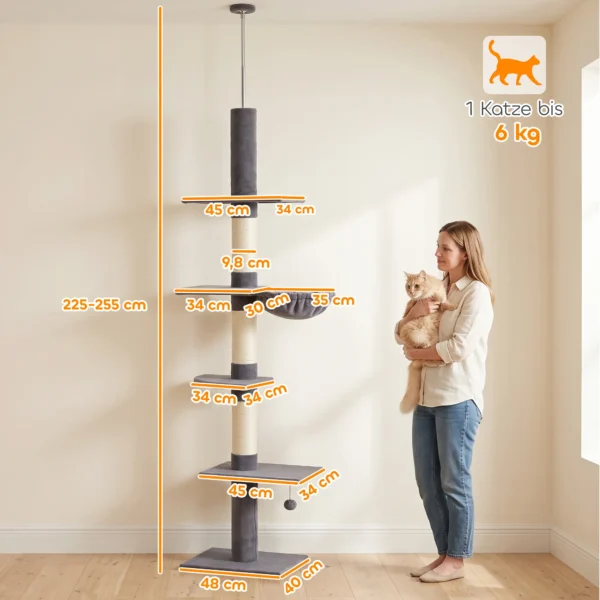 Ratzbaum Plafondhoog 225 255 Cm In Hoogte Verstelbare Kattenboom Met 5 Verdiepingen, 3 Sisal krabstammen, Hangmat, Platformen