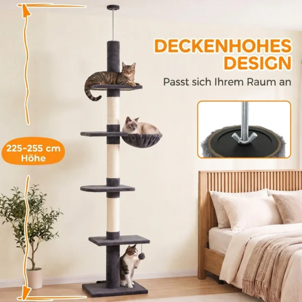 Ratzbaum Plafondhoog 225 255 Cm In Hoogte Verstelbare Kattenboom Met 5 Verdiepingen, 3 Sisal krabstammen, Hangmat, Platformen