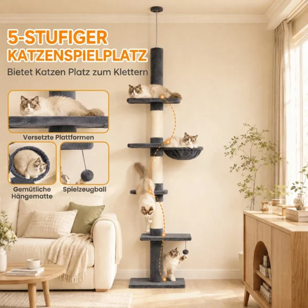 Ratzbaum Plafondhoog 225 255 Cm In Hoogte Verstelbare Kattenboom Met 5 Verdiepingen, 3 Sisal krabstammen, Hangmat, Platformen
