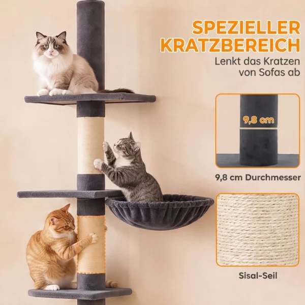 Ratzbaum Plafondhoog 225 255 Cm In Hoogte Verstelbare Kattenboom Met 5 Verdiepingen, 3 Sisal krabstammen, Hangmat, Platformen